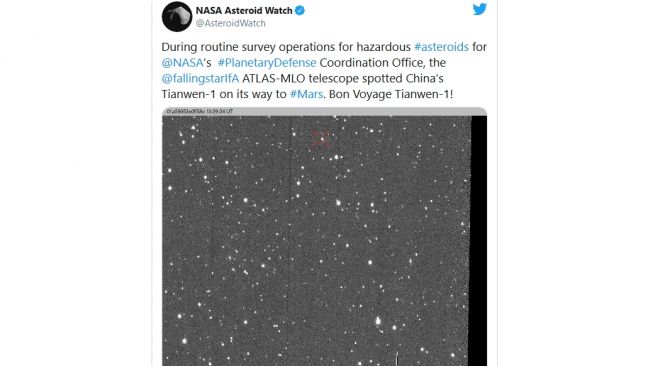 Laju Tianwen-1 bak asteroid [Twitter: NASA Asteroid Watch].
