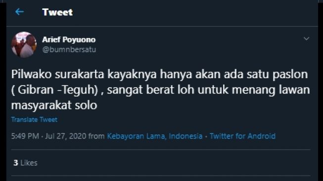 Cuitan Arief Poyuono yakin bahwa Gibran jadi calon tunggal dalam Pilkada Solo. (Twitter/@bumnbersatu)