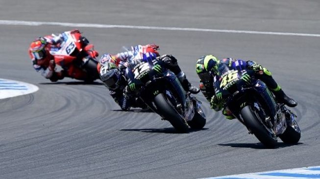 Pebalap Monster Energy Yamaha Valentino Rossi finis di posisi tiga MotoGP Andalusia, Spanyol, di belakang Fabio Quartararo dan Maverick Vinales Minggu (26/7/2020). [AFP]