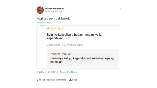 Ulasan belanja online dibalas penjual dengan body shamming. [Twitter]