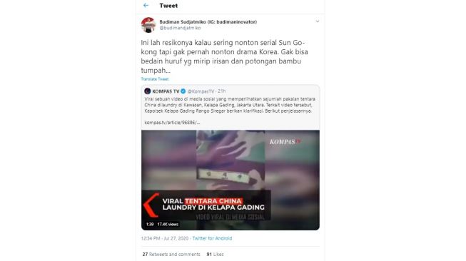 Budiman Sudjatmiko mengomentari hoaks baju tentara China dicuci laundry di Kelapa Gading (Twitter)