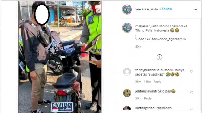 Polisi mendapatkan pemotor yang menggunakan pelat nomor Thailand (Instagram)