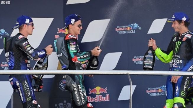 Pebalap Monster Energy Yamaha Valentino Rossi finis di posisi tiga MotoGP Andalusia, Spanyol, di belakang Fabio Quartararo dan Maverick Vinales Minggu (26/7/2020). [AFP]