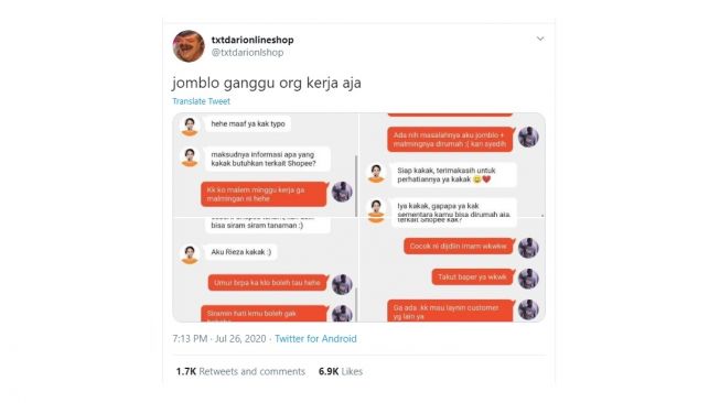 Tangkapan layar chat admin e-commerce melayani pelanggan gabut. [Twitter]