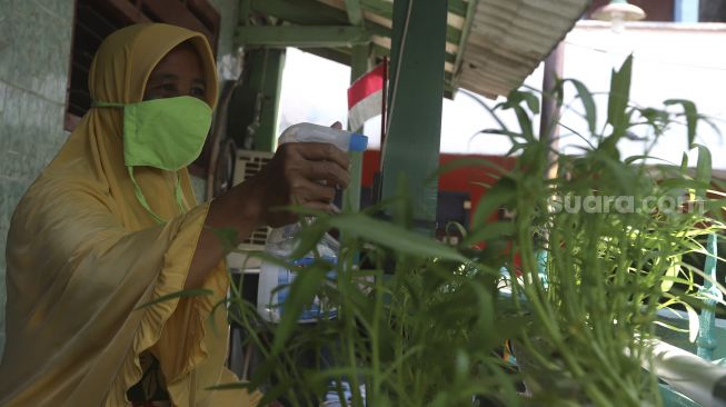 Warga menyirami tanaman kangkung di kampung Siaga COVID-19 di Kampung Rawa Pasung RW 22, Kota Baru, Kota Bekasi, Jawa Barat, Selasa (28/7/2020). [Suara.com/Angga Budhiyanto]