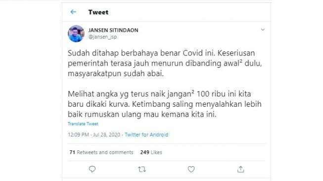 Tanggapan Jansen Sitindaon soal kasus Covid-19 Indonesia tembus 100 ribu (Twitter)