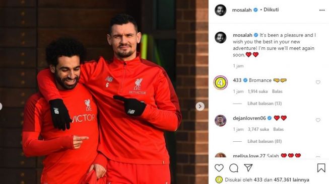 Pesan haru Mohamed Salah atas kepergian Dejan Lovren. (Instagram/mosalah)