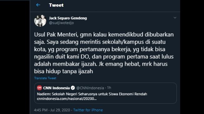 Cuitan Sudjiwo Tedjo meminta Kemendikbud dibubarkan (Twitter/@sudjiwotedjo)