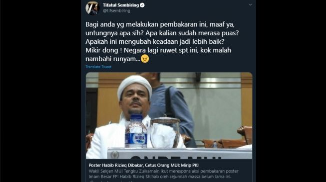 Tifatul Sembiring mengomentari insiden pembakaran spanduk bergambar Rizieq Shihab. (Twitter/@tifsembiring)