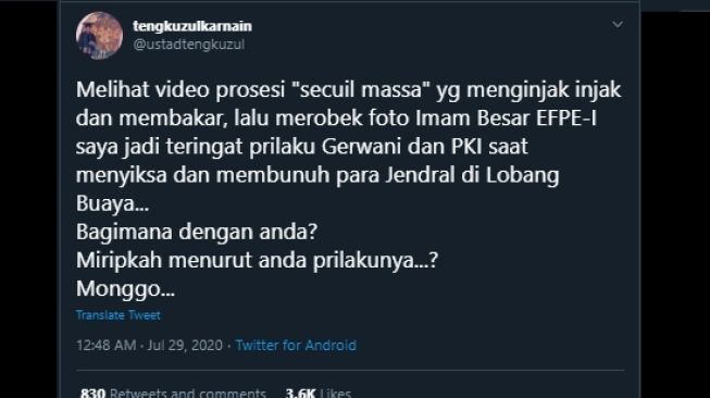 Tengku Zul mengomentari insiden pembakaran spanduk bergambar Rizieq Shihab. (Twitter/@ustadtengkuzul)