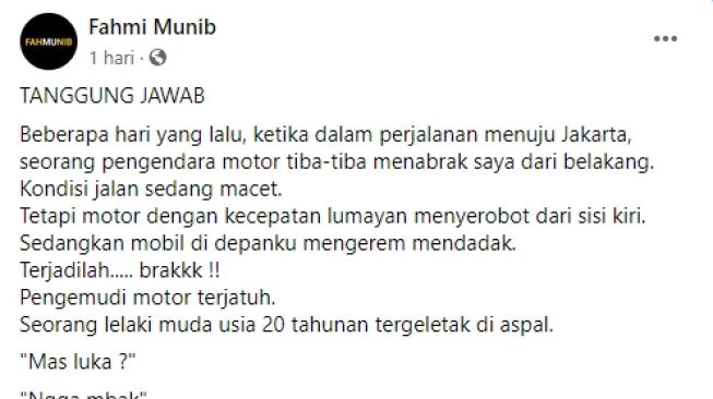 Postingan Fahmi Munib yang bercerita tentang arti tanggung jawab (Facebook)