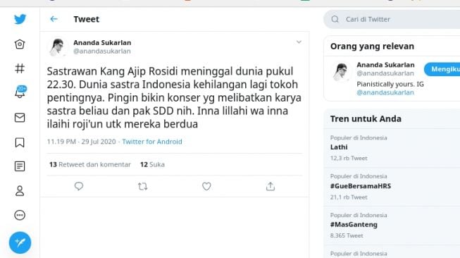 Musisi Ananda Sukarlan kabarkan Ajib Rosidi meninggal