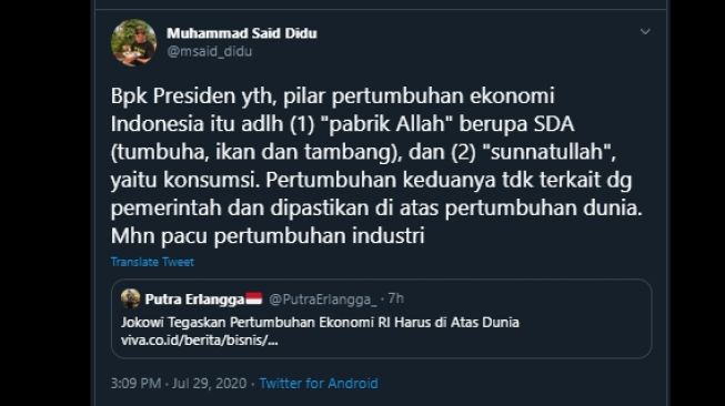 Cuitan Said Didu memberi pesan kepada Presiden Jokowi soal pilar pertumbuhan ekonomi, (Twitter/@msaid_didu)