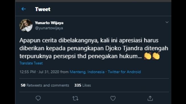 Cuitan Yunarto Wijaya mengapresiasi penangkapan Djoko Tjandra. (Twitter/@yunartowijaya)