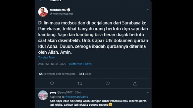 Sindiran Mhafud MD pada warga yang pamer foto dengan hewan kurban. (Twitter/@mohmahfudmd)