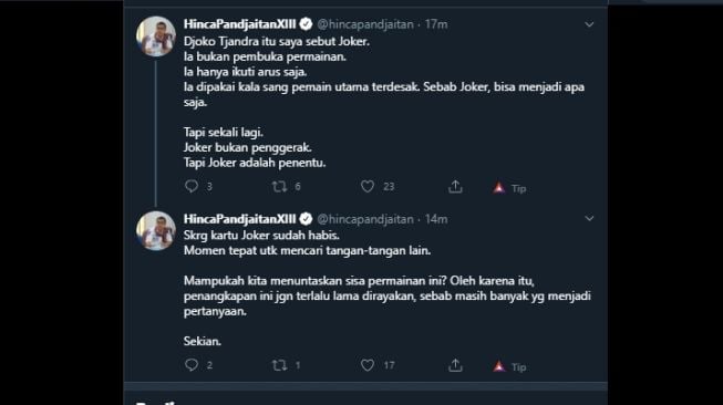 Cuitan Hinca Pandjaitan menyebut bahwa Djoko Tjandra seperti Joker. (Twitter/@hincapandjaitan)