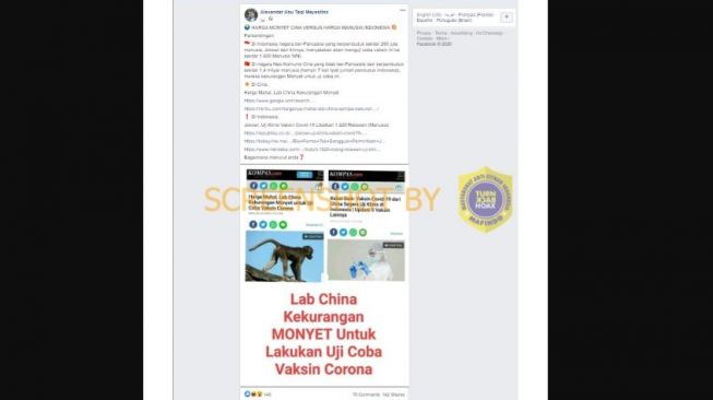 Cek fakta laboratorium China kekurangan monyet untuk uji coba virus corona. (Turnbackhoax.id)