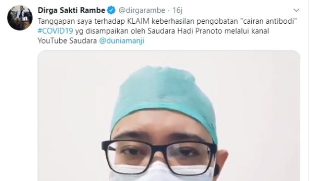 Dokter spesialis dalam, Dirga Rambe tanggapi video kontroversial Anji melalui unggahan di twitter,  - (Twitter/@dirgarambe)