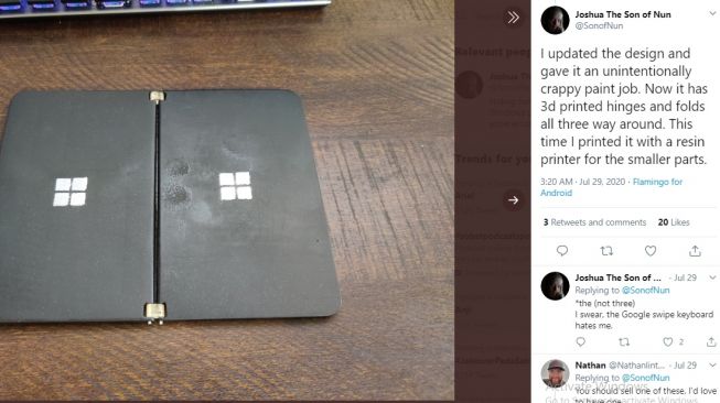 Microsoft Surface Duo dengan menggunakan printer 3D. [Twitter]