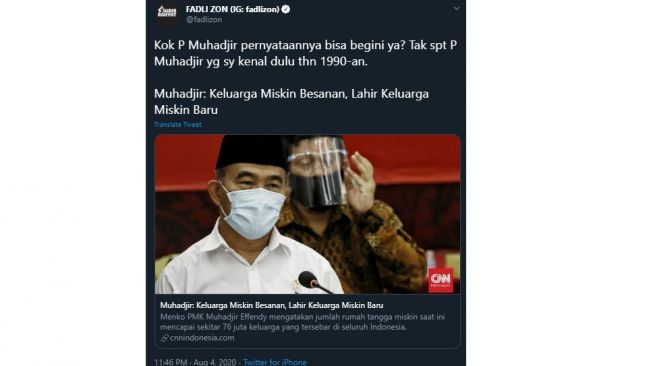 Cuitan Fadli Zon kaget dengan pernyataan yang dilontarkan Muhadjir Effendy. (Twitter/@fadlizon)