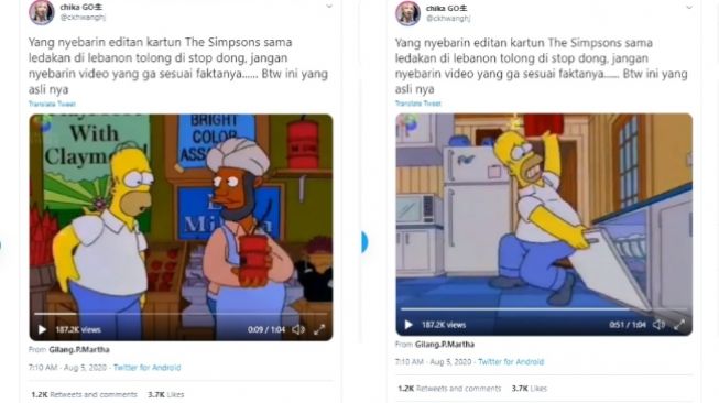 Penjelasan Cek Fakta, video asli kartun The Simpsons, tidak terjadi ledakan dengan asap berbentuk jamur (Twitter)