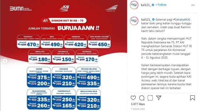 Promo Tiket Kereta Sambut Kemerdekaan ke-75 (Instagram/@kai121_)