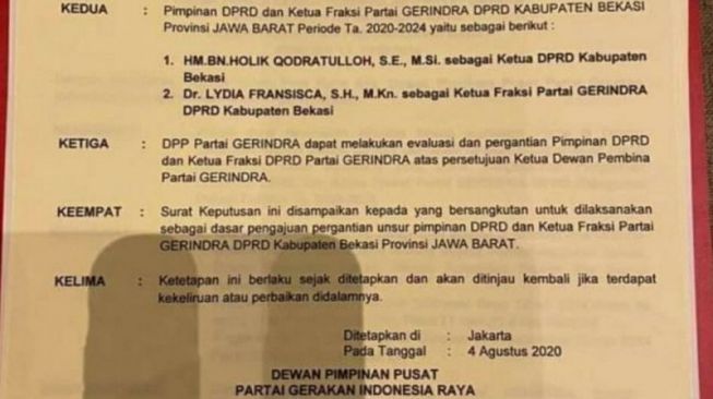 Anak Buah Prabowo, Aria Dwi Dicopot dari Ketua DPRD Kabupaten Bekasi