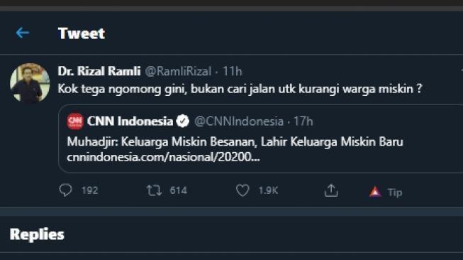 Cuitan Rizal Ramli mengomentari pernyataan Menteri Muhadjir Effendy. (Twitter/@RamliRizal)