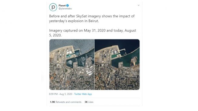 Penampakan lokasi ledakan Beirut, Lebanon. [Twitter]
