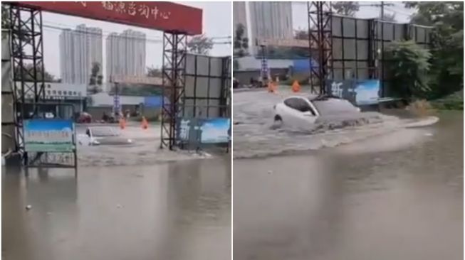 Momen Kocak saat Mobil Elektrik Menerjang Banjir, Bisa Jadi Kapal Selam?