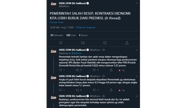 Utasan Fadli Zon soal kontraksi ekonomi. (Twitter/@fadlizon)