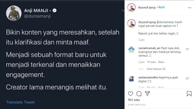 Postingan jadul Anji kembali viral [Instagram/@dryusuf.spog]