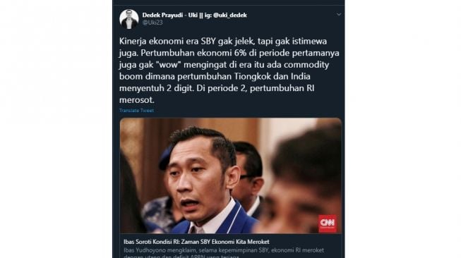 cuitan Dedek Uki mengulas situasi ekonomi di zaman SBY. (Twitter/@uki23)