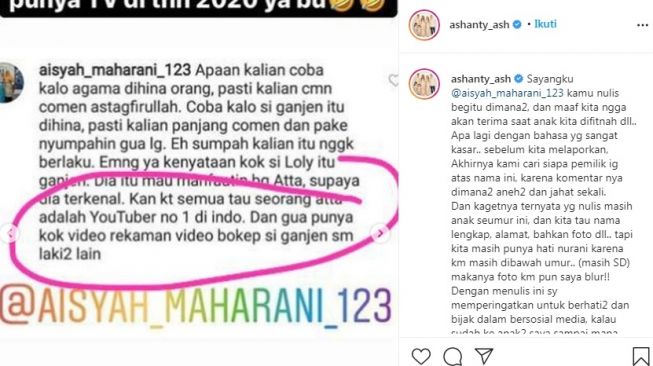 Unggahan Ashanty soal Aurel Hermansyah dibully. [Instagram/@ashanty_ash]