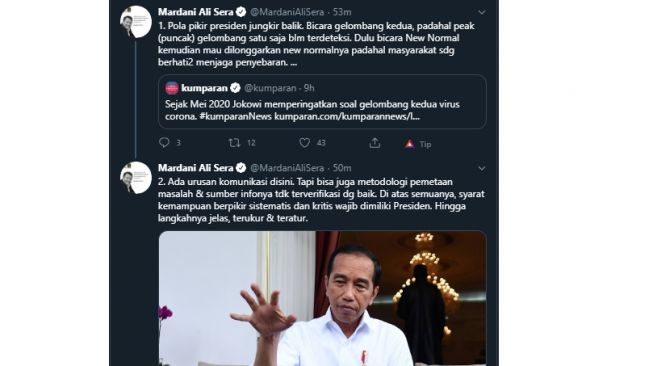 Mardani Ali Sera menanggapi pernyataan Jokowi soal gelombang kedua virus corona. (Twitter/@MardaniAliSera)