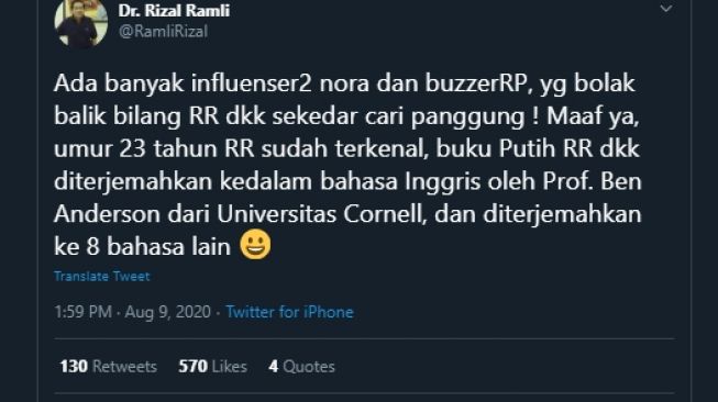 Cuitan Rizal Ramli menjawab tuduhan sebagai pencari panggung. (Twitter/@RamliRizal)