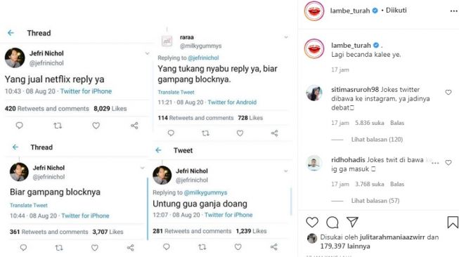 Unggahan Jefri Nichol soal ganja [Instagram/@lambe_turah]