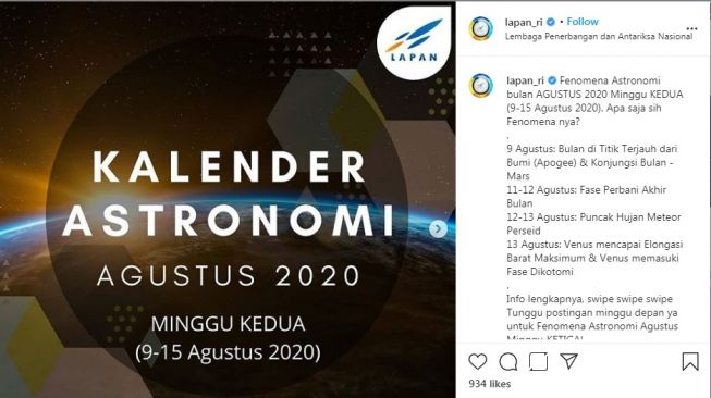 Fenomena Astronomi di Bulan Agustus 2020 Minggu ke Dua (instagram/@lapan_ri)