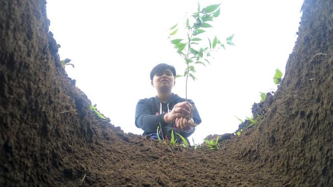 Seorang anggota komunitas menanam pohon di Pintu Rimba Pendakian Gunung Kerinci, Kerinci, Jambi, Senin (10/8/2020). [ANTARA FOTO/Wahdi Septiawan]