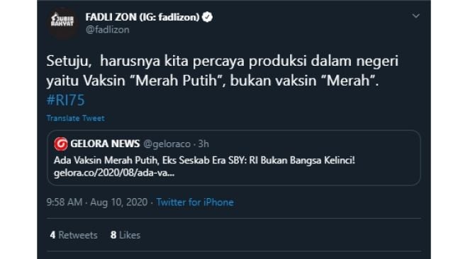 Cuitan Fadli Zon menyetujui pengembangan vaksin buatan dalam negeri. (Twitter/@fadlizon)