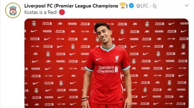 Kostas Tsimikas resmi gabung Liverpool. (Screenshot Twitter @LFC) 