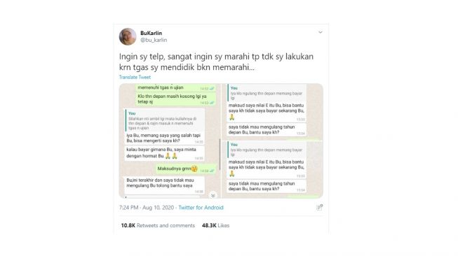 Tangkapan layar chat dosen dan mahasiswanya. [Twitter]