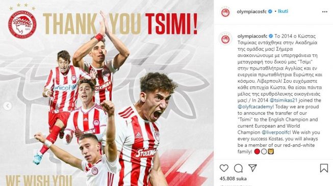 Olympiakos turut berdoa agar Kostas Tsimikas meraih sukses bersama Liverpool.