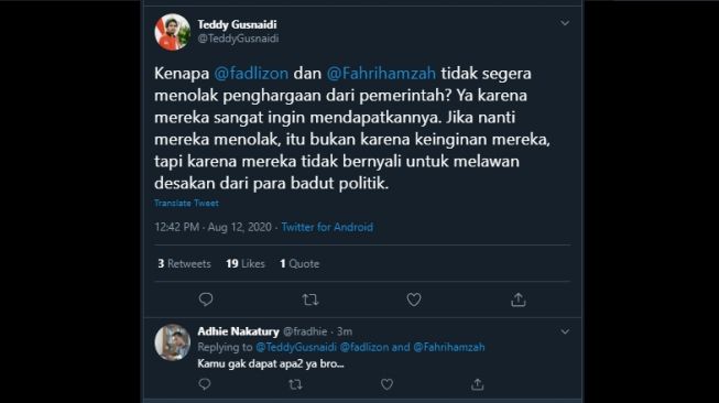 Cuitan Teddy PKPI soal Fadli Zon dan Fahri Hamzah dapat penghargaan dari Presiden Jokowi. (Twitter/@TeddyGusnaidi)