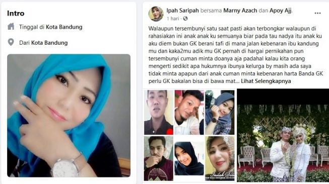 Unggahan Ipah Saripah di Facebook, yang mengaku sebagai ibunda Nadya Mustika Rahayu. [Facebook]