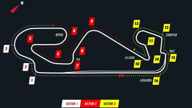 Layout Sirkuit Catalunya, Spanyol dalam gelaran F1 GP Spanyol 2020 [Honda F1].