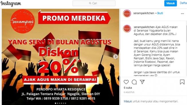 Buat kamu yang memiliki nama dengan unsur Agus, baik sebagai nama depan, tengan ataupun belakang, kamu bisa mendapatkan diskon 20 persen saat dine in di Serampai Yogyakarta, selama Agustus 2020. (Instagram/@serampaikitchen)