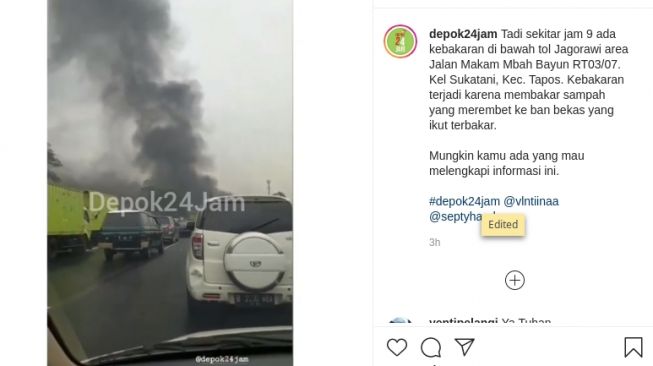 Asap hitam melambung tinggi dari terowongan Tol Jagorawi di KM 17 tepat di wilayah Kelurahan Sukatani, Kecamatan Tapos, Kota Depok, Jawa Barat bikin panik warga setempat yang disebabkan adanya kebakaran sampah di bawah terowongan tersebut. (@depok24jam)