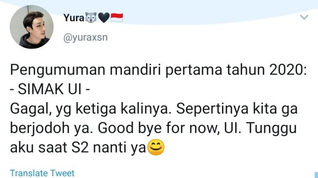 Reaksi Warganet Terhadap Pengumuman SIMAK UI 2020 dari unggahan akun twitter/@yuraxsn