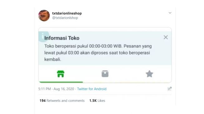 Jam operasional toko online unik. [Twitter]